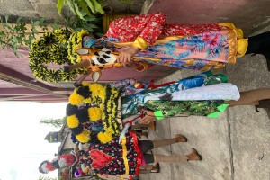 Eine Gruppe von Menschen in bunten Kostümen steht zusammen vor einem Gebäude, hält verschiedene Gegenstände, mit Bäumen, Gebäuden und einem klaren blauen Himmel im Hintergrund bei einem Karnevalsumzug.