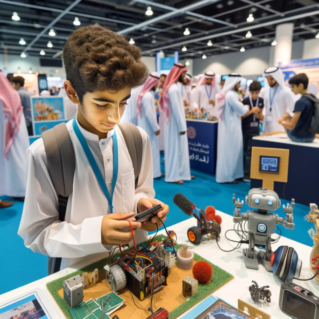Ein junger Junge in einer Menge untersucht ein Mobiltelefon, umgeben von elektronischen Geräten, einem Spielzeugroboter und einem Headset an einem Messestand.
