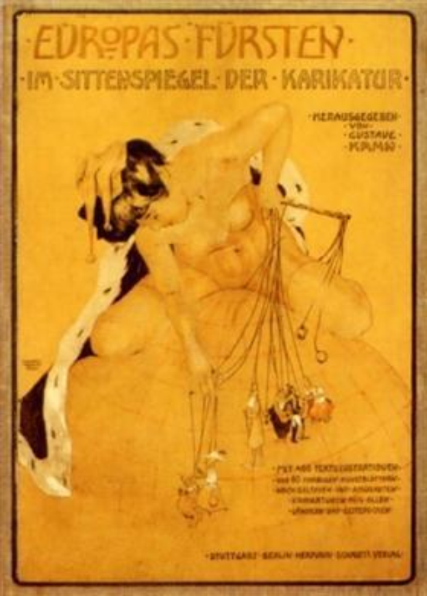 Plakat für eine Zirkusvorstellung namens "Europas Fürsten - Im Sittenspiegel der Karikatur" mit einer Frau in einem Bikini und einem Mann in einer Badehose in gedämpften Blautönen und Grautönen.