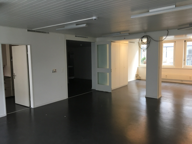 Leerer Büroraum mit schwarzen Böden, weißen Wänden, elektrischen Lampen, Kabeln, Türen, Schränken, Fenstern und einer Außenansicht von Gebäuden und Bäumen.