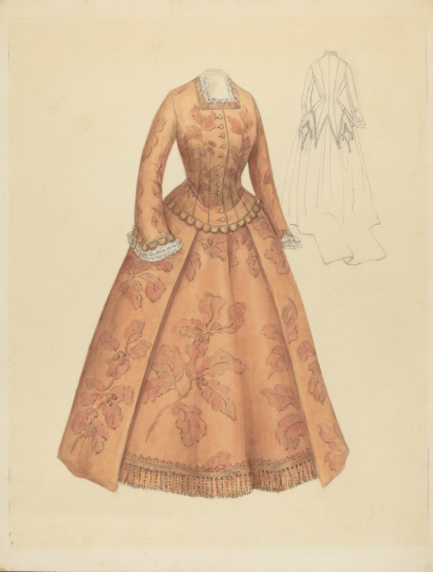 Eine Zeichnung eines Kostümdesigns aus dem 18. Jahrhundert mit einem langen Kleid mit hohem Kragen, floral gemustertem Oberteil in Rosa, Lila und Blau sowie einem Spitzenbesatz an Rock und Saum.