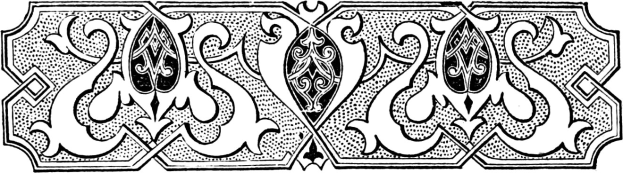 Ein schwarz-weißes Art-Nouveau-Zeichnung mit einem komplexen, verzierten Design aus verschiedenen Formen und Mustern.