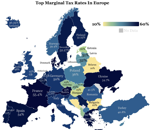 Eine Europakarte, die die höchsten Steuersätze pro Land zeigt, mit der Überschrift "Höchste Steuersätze in Europa."