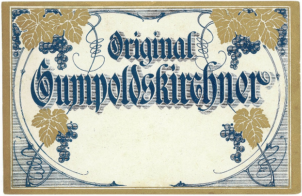 Altes deutsches Wein-Etikett mit einer Illustration von Trauben und Blättern, mit Text, der den Wein-Typ angibt.