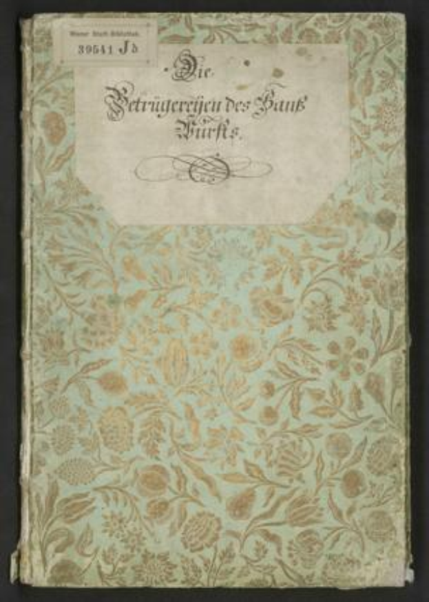 Altes Buch mit floralem Cover-Design und deutschem Titel "Die Betrugereierten des Bank fürs" auf schwarzem Hintergrund.