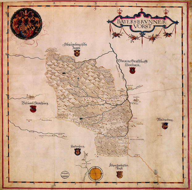 Eine Karte von Bayern aus dem 15. Jahrhundert, die geografische Merkmale wie Flüsse, Berge und Städte zeigt und von informativem Text und Logos begleitet wird.