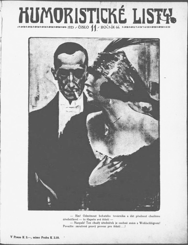 Schwarz-weißes Magazin-Cover mit der Aufschrift 'Humoristische Liste', das einen Mann in einem Anzug mit ernster Miene und eine Frau zeigt, die wegschaut und schmunzelt.