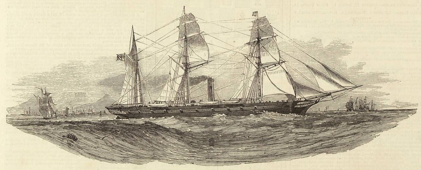 Einschnitt eines detaillierten Segelschiffs mit geblähten Segeln, das auf dem Meer segelt, andere Schiffe sind im Hintergrund zu sehen und Text unten.
