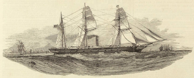 Einschnitt eines detaillierten Segelschiffs mit geblähten Segeln, das auf dem Meer segelt, andere Schiffe sind im Hintergrund zu sehen und Text unten.