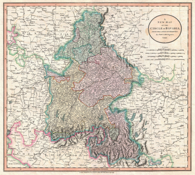 Ein gerahmtes Plakat einer Karte von Bayern, Deutschland, mit umliegenden deutschen und österreichischen Provinzen.