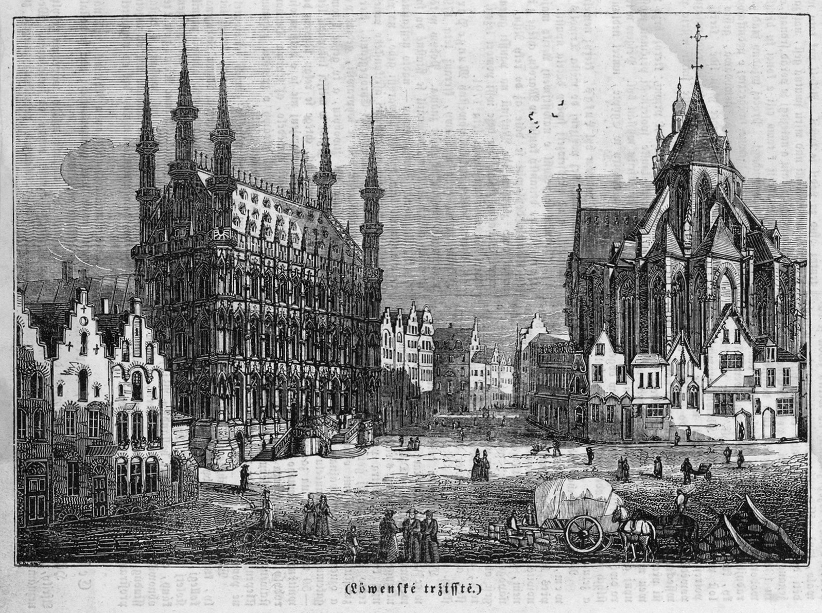 Schwarz-weiß-Zeichnung einer belebten Stadtstraße mit einer Kirche im Hintergrund, mit Gebäuden, Menschen, Karren und Text.