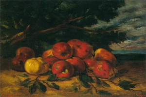 Ein Bild mit dem Titel "Still Life mit Äpfeln und Birnen" von St. Pelagre, das ein Stillleben von Äpfeln und Birnen auf einem Tisch mit einem Baum und einem bewölkten Himmel im Hintergrund zeigt.