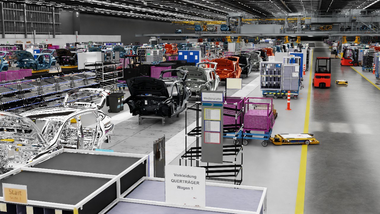 Eine große Volkswagen-Fabrik-Montagestraße mit zahlreichen Autos in der Produktion, Metallstrukturen auf beiden Seiten, einer Wand im Hintergrund und Deckenleuchten.
