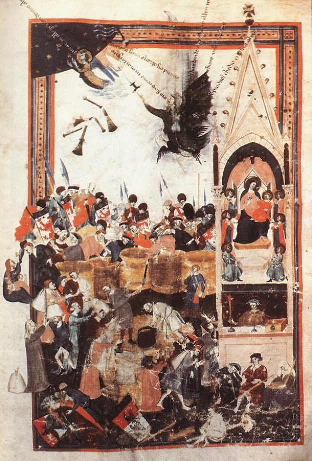 Illuminierte Handschrift mit einer Darstellung des Sturzes der rebellischen Engel in einer Kirche, mit leuchtenden Farben und detaillierten Verzierungen.