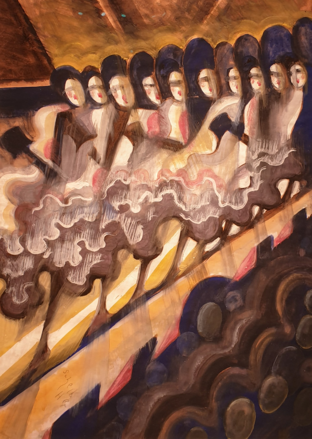 Ein Bild von Frauen in bunten Kleidern, die auf einer Bühne tanzen und die Arme hochrecken, vor einer Wand, in einer lebendigen und temperamentvollen Vorstellung.