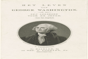 Porträt von George Washington auf Papier mit Text, der nach vorne zeigt und einen ernsten Ausdruck hat, gekleidet mit Anzug und Krawatte.