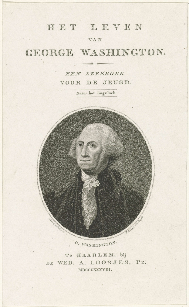 Porträt von George Washington auf Papier mit Text, der nach vorne zeigt und einen ernsten Ausdruck hat, gekleidet mit Anzug und Krawatte.
