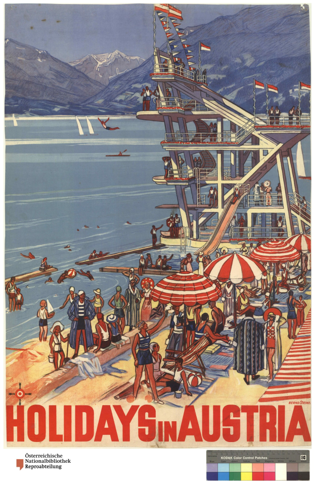 Plakat, das Urlaube in Österreich bewirbt, zeigt Menschen am Strand mit Schirmen, ein Schiff im Hintergrund, winkende Fahnen, entfernte Berge und Text.