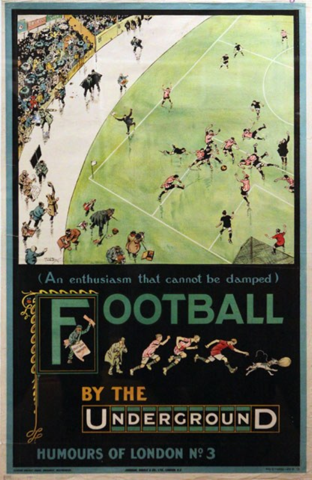 Plakat, das ein Fußballspiel mit dem Titel "Fußball unter der Erde - Londoner Humor Nr. 3" ankündigt, zeigt Zuschauer in einem Stadion.