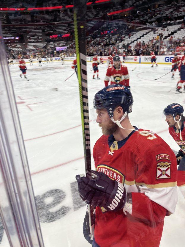 Eine Gruppe von Eishockeyspielern in Helmen und Handschuhen hält Stöcke auf dem Eis vor einer Glaswand, mit Zuschauern und Tafeln, die "Florida Panthers vs New Jersey Devils - 3/24/15 NHL Pick, Odds, and Prediction" anzeigen.