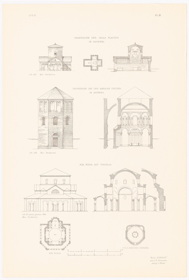 Schwarz-weiß-Illustration verschiedener Architekturstile mit beschrifteten Details und begleitendem historischen Text.