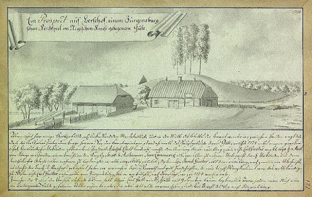 Ein vergilbtes Dokument mit der Überschrift "Surgensburg, Deutschland - Landschaft eines Hofes" zeigt einen Hof in einem Feld, umgeben von Häusern, Bäumen und einem Himmel.