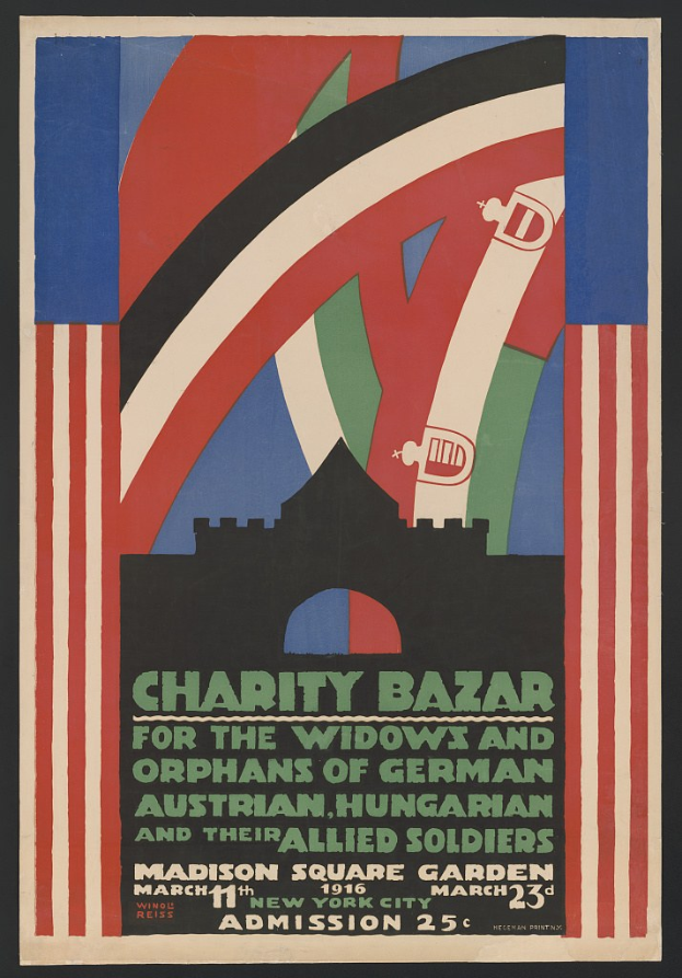 Plakat für Wohlt├Ątigkeitsbasar für Witwen und Waisen deutscher, australischer, ungarischer und alliierter Soldaten mit Veranstaltungsdetails im Text.