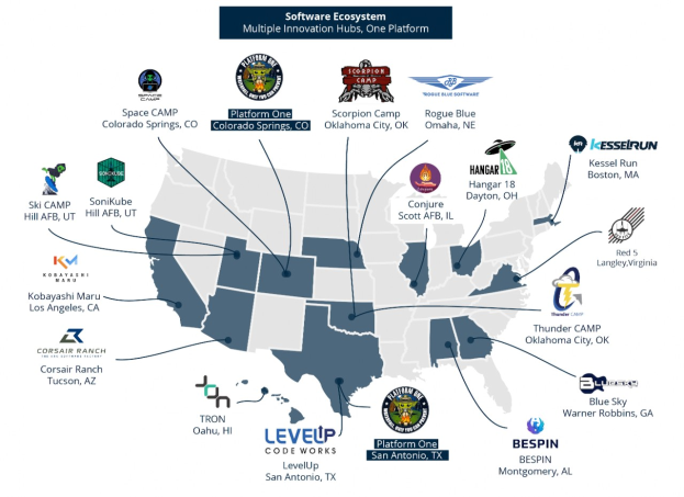 Eine Karte der Vereinigten Staaten, die Unternehmenslogos zeigt, um das Software-Ökosystem darzustellen, mit begleitendem Text, der Unternehmensstandorte und -informationen beschreibt.