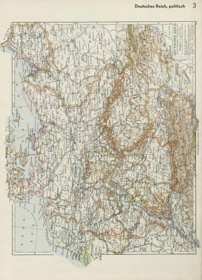 Eine 19. Jahrhundert-Karte von Deutschland, die ihre politischen Teilungen zeigt, auf Papier mit Text oben und unten gedruckt.