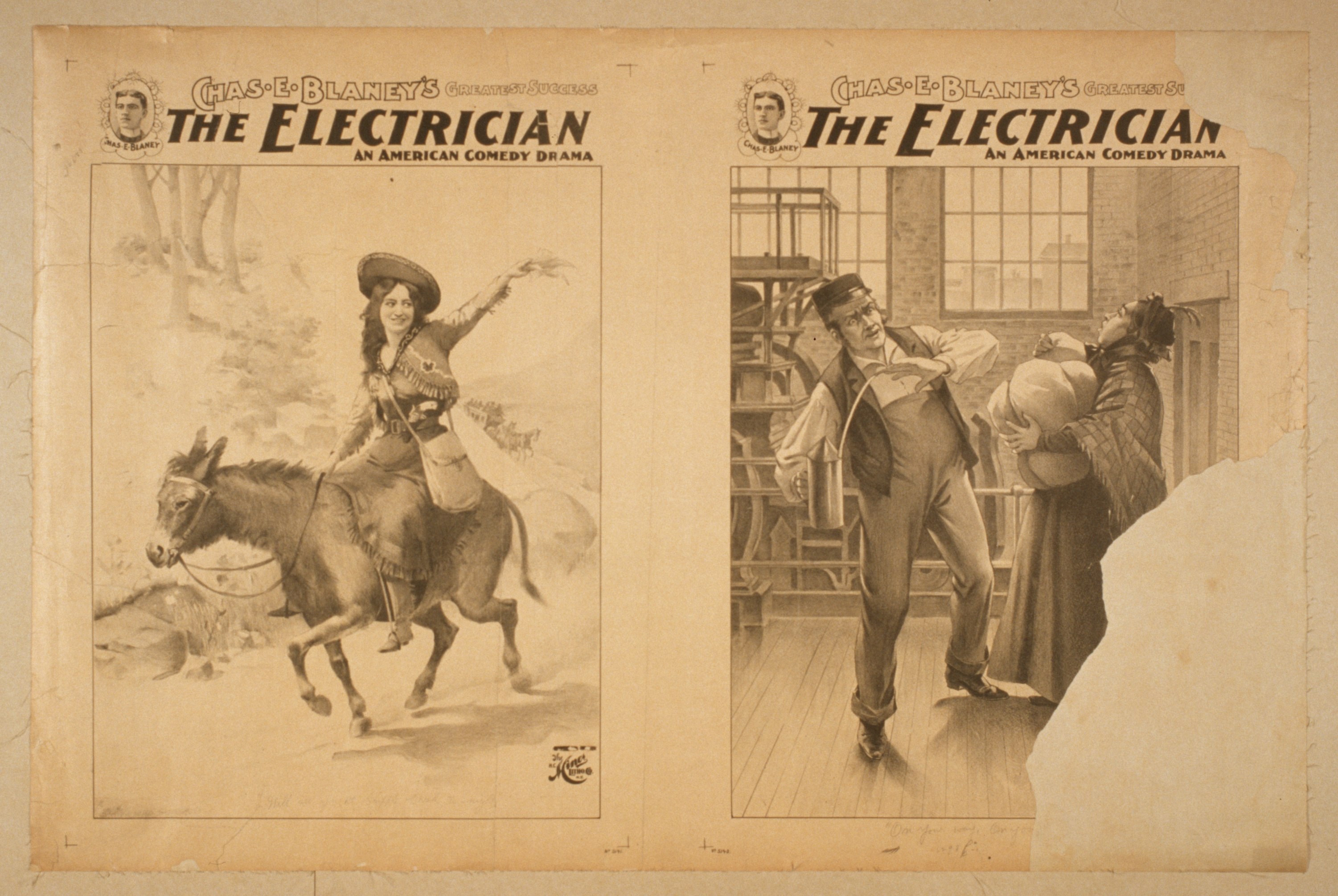 Frau auf einem Pferd links, drei Personen rechts mit einer Person, die einen Hut hält, ein Gebäude mit Fenstern im Hintergrund und Text, der "The Electrician - Ein Amerikanisches Comedy-Drama" liest.