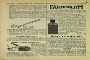 Ein altes Buch mit einem hellblauen Hintergrund und einem weißen Rand, das ein Bild einer klaren Flüssigkeit in einer Insektizid-Flasche zeigt, die mit 'Farmogerm' in fetter schwarzer Schrift beschriftet ist.