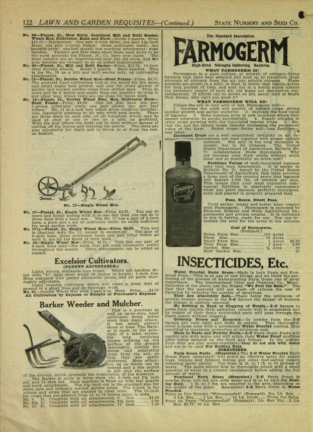 Ein altes Buch mit einem hellblauen Hintergrund und einem weißen Rand, das ein Bild einer klaren Flüssigkeit in einer Insektizid-Flasche zeigt, die mit 'Farmogerm' in fetter schwarzer Schrift beschriftet ist.