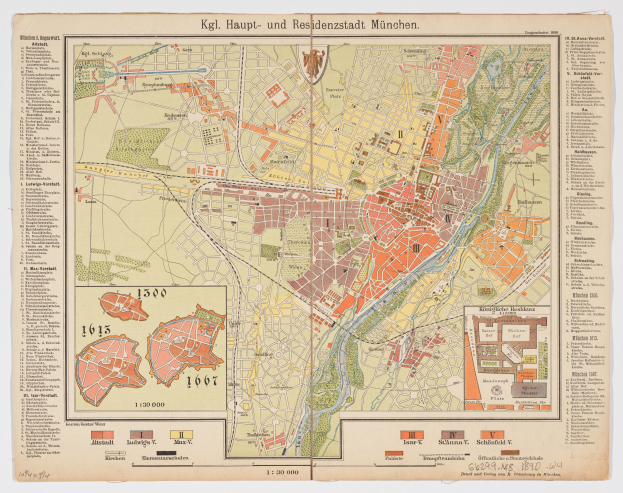 Ein detaillierter Stadtplan von München, Deutschland aus dem Jahr 1849 mit Text und Zahlen für einen umfassenden Überblick über die Stadt.
