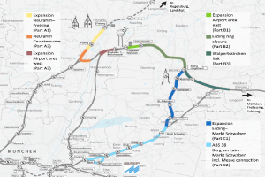 Ein detaillierter Stadtplan, der die Bahnroute von München nach Frankfurt hervorhebt, einschließlich Haltestellen, Umgebung und Text mit Informationen zur Länge, Entfernung und Sehenswürdigkeiten der Bahn.