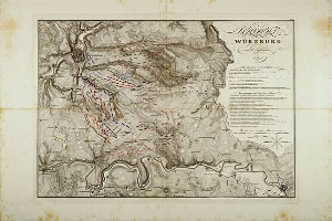 Ausführliche alte Karte von Würzburg, Deutschland, die Straßen, Gebäude und Sehenswürdigkeiten zeigt, begleitet von Text zu Bevölkerung, Straßen und bemerkenswerten Merkmalen.