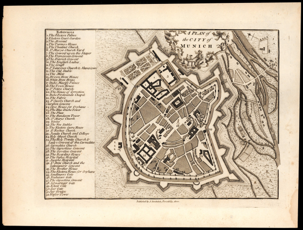 Ausführliche alte Karte von München, Deutschland, mit Straßen, Gebäuden und Sehenswürdigkeiten auf schwarzem Hintergrund, begleitet von beschreibendem Text.