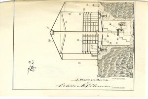 Ein detailliertes Gebäude- und Wasserpumpen-Diagramm auf Papier mit Zahlen und Text, das als Patent bezeichnet ist.