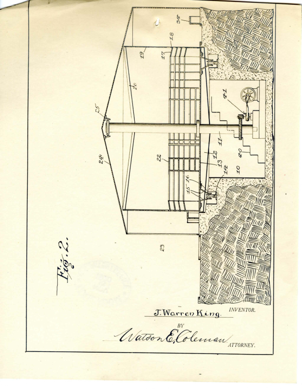 Ein detailliertes Gebäude- und Wasserpumpen-Diagramm auf Papier mit Zahlen und Text, das als Patent bezeichnet ist.