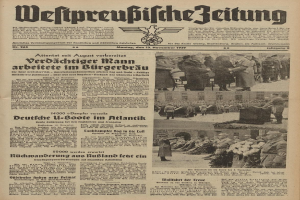 Schwarze und weiße Titelseite einer deutschen Zeitung vom 13. November 1939, betitelt "Weitpreubliche Zeitung", mit einem Gruppenbild von Menschen in traditioneller deutscher Tracht in einer feierlichen Atmosphäre.