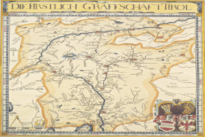 Eine detaillierte Karte der ersten deutschen Grafschaft Tirol mit geographischen Elementen wie Flüssen, Bergen und Städten sowie begleitendem Text und Bildern.