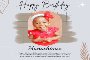 Eine Geburtstagskarte mit einem Foto eines Mädchens in einem roten Kleid, geschmückt mit bunten Ballons, Girlanden und Konfetti, mit der Aufschrift "Happy Birthday!" in einer festlichen Schriftart.