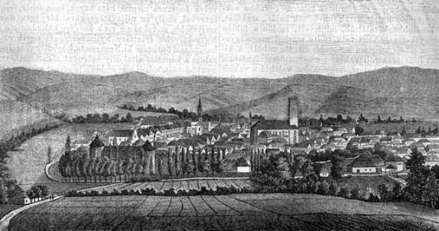 Schwarze und weiße Zeichnung einer kleinen Stadt in einem Tal, umgeben von Bäumen und Hügeln, mit "Bayern, Deutschland, 1857" oben.