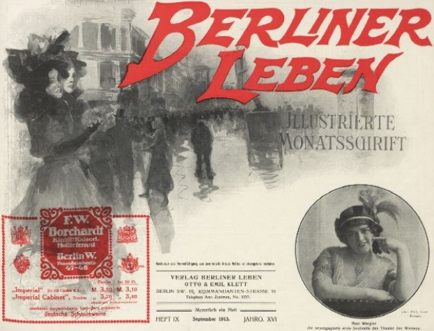 Werbeplakat für den Berliner Leben Film mit einer Frau mit Hut und einem Mann im Anzug, Text, Stempel, einigen Menschen und einem Geb├Ąude im Hintergrund.