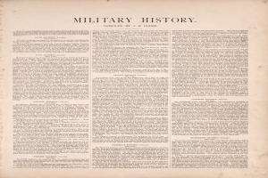 Ein gelbliches, altes Buch mit dem Titel "Militärgeschichte" öffnet sich zu einer Seite mit einer Illustration eines Soldaten in Uniform mit einem Gewehr und einem entschlossenen Gesichtsausdruck.