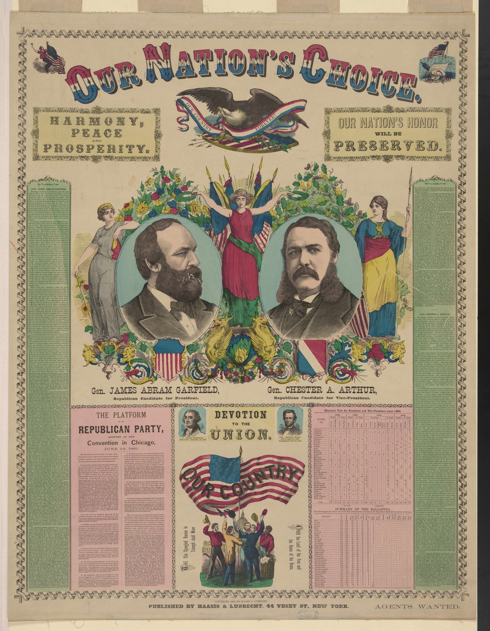 Plakat mit Bildern von Menschen und Text, der "Unsere Nations Wahl: Harmonie, Frieden, Wohlstand und Wohlstand." lautet