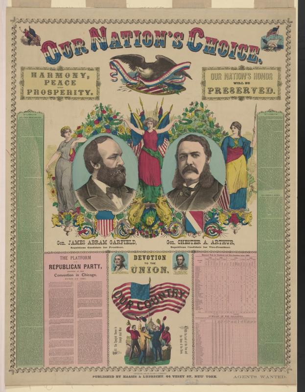 Plakat mit Bildern von Menschen und Text, der "Unsere Nations Wahl: Harmonie, Frieden, Wohlstand und Wohlstand." lautet