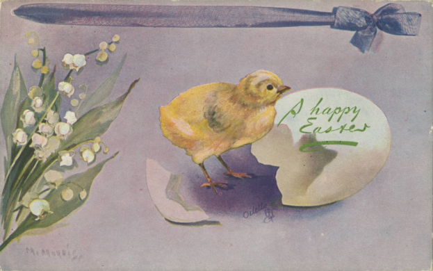 Postkarte mit einer Malerei eines gelben Huhns, eines Eis, eines Messers und von Lilienblüten, mit dem Text "Frohe Ostern".