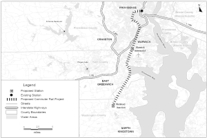 Schwarze und weiße Stadtkarte mit einem Fluss, beschriftet mit "Geplantes Nahverkehrsbahnprojekt" auf der linken Seite, zeigt Straßen, Autobahnen und Stadtmerkmale.