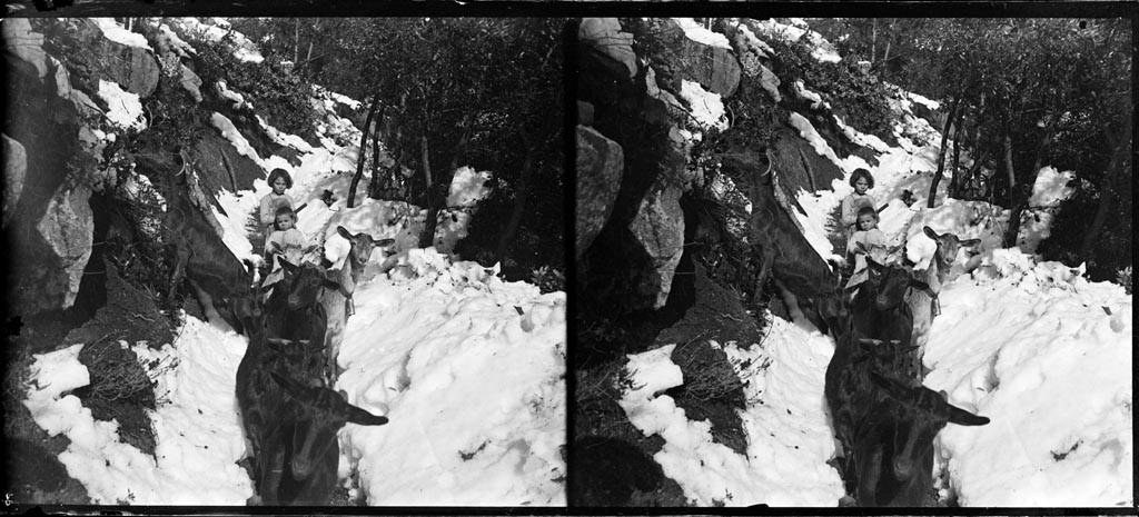 Schwarzes und weißes Foto von Menschen in Winterkleidung, die mit Geweihen versehene Pferde durch unberührten Schnee reiten, mit Bäumen und Felsen im Hintergrund.
