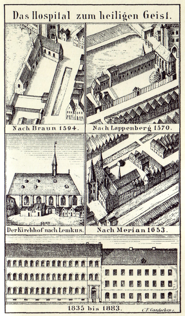Eine detaillierte Poster-Illustration eines deutschen Krankenhauses mit Gebäuden, die Fenster, Türen und Balkone aufweisen, begleitet von erklärendem Text über seine Größe, Lage und Merkmale.